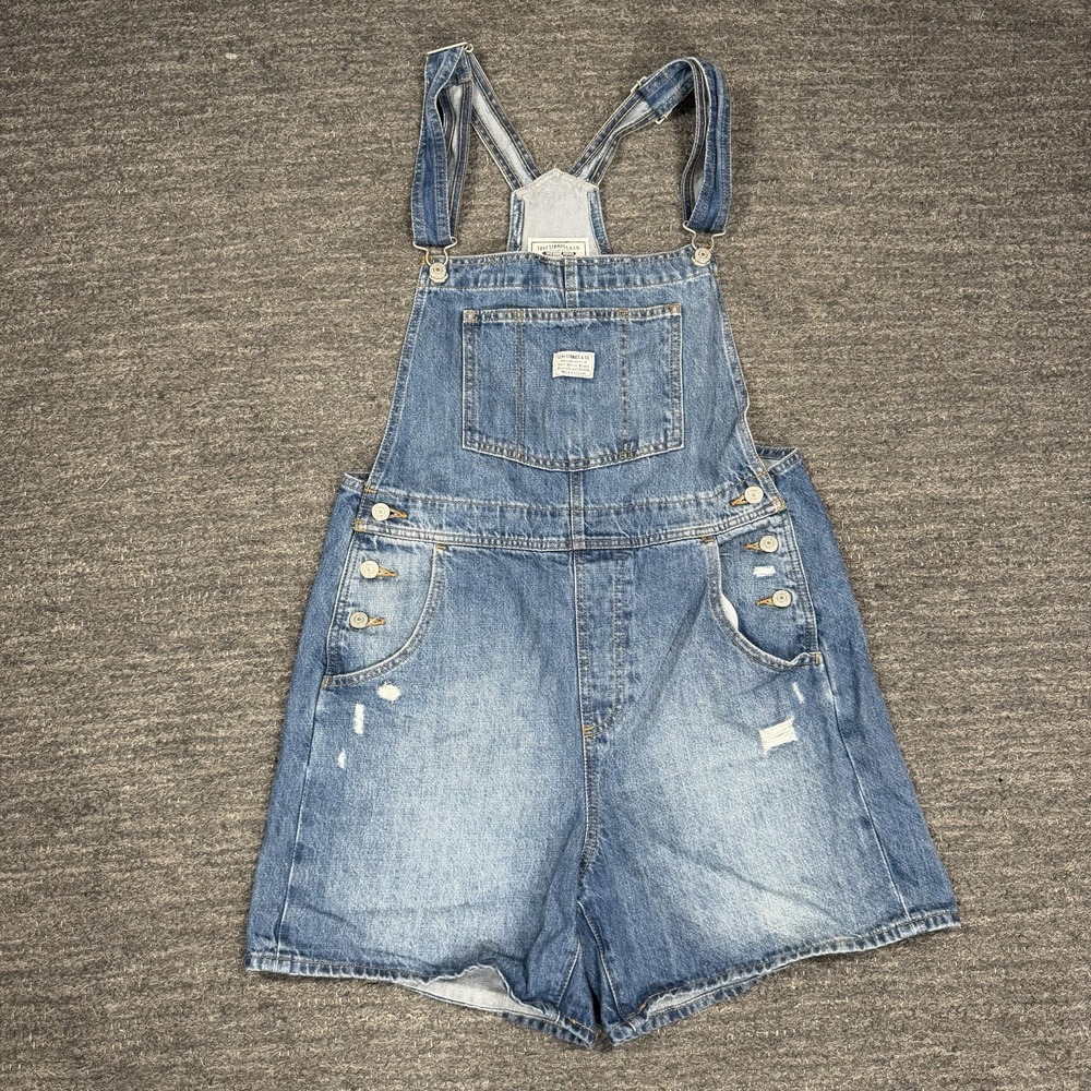 Levi's Two Horse Brand Denim Bib Shortalls Women Medium Distressed Cotton Garden
